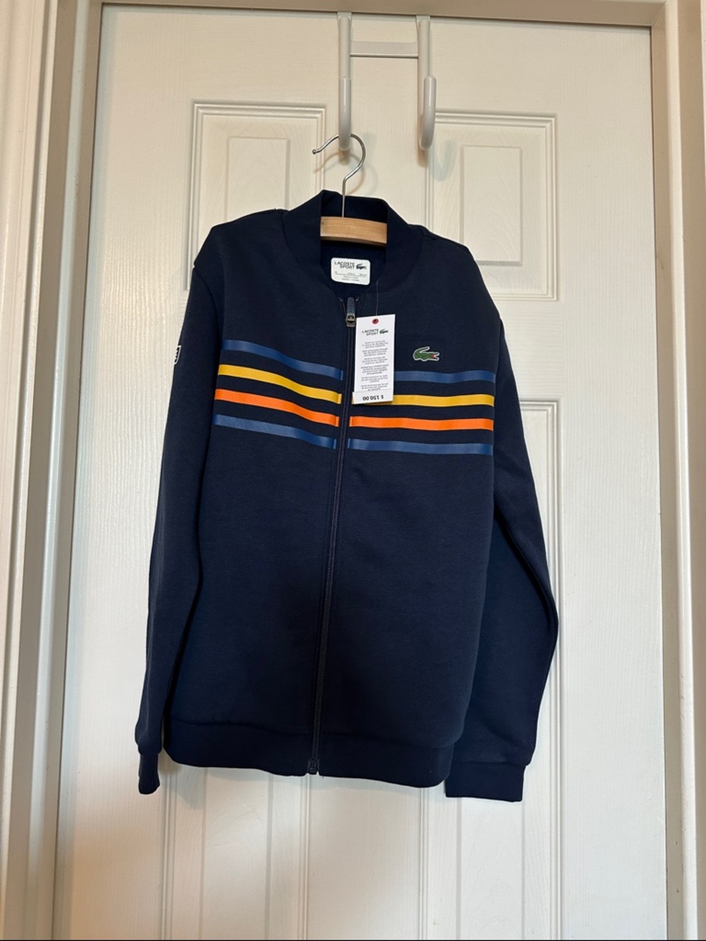 Kids Lacoste New Navy Zip Jacket with Blue, Yellow & Orange Stripes